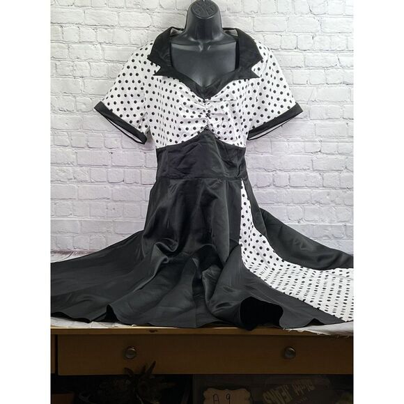 Mocha 50's retro style black white polka dot rockabilly vixen dress size 5XL - Picture 2 of 8